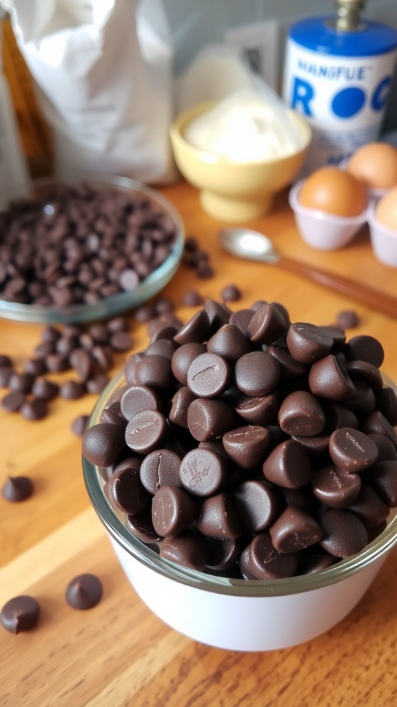 A measuring cup with chocolate chips on a kitchen counter with baking ingredients.